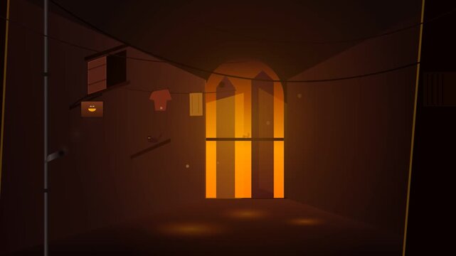 Animated urban alleyway at night featuring warm glowing window and laundry