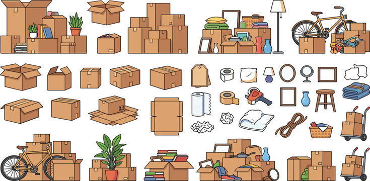 Cardboard moving boxes and house relocation storage packing equipment vector illustration collection set