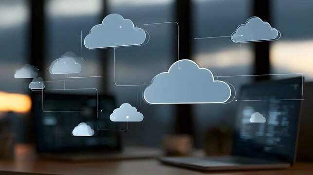 Digital cloud icons float in a modern office space  connected by lines  suggesting cloud computing and networked technology