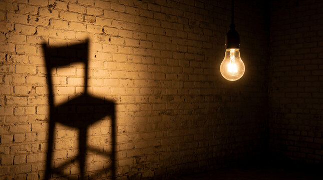 Incandescent lightbulb casting a swinging shadow of an empty wooden chair across a textured brick wall