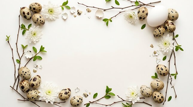 Speckled quail eggs and white chrysanthemum flowers arranged in elegant border frame on plain background