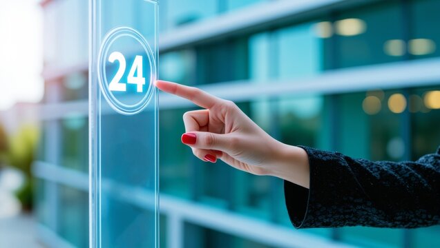 Woman's hand touching digital 247 service interface, indicating constant customer support and global availability