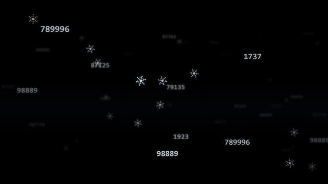 Futuristic digital data stream with flying white numbers and star icons on black background. Abstract big data processing and financial information flow. Cyber security and coding motion