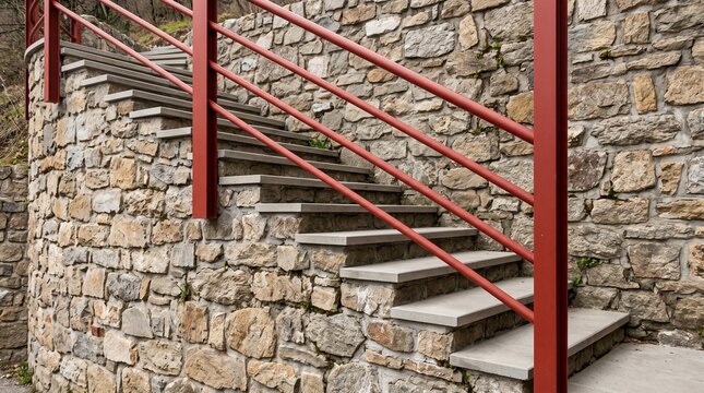 Modern concrete staircase with red railing against rustic stone wall