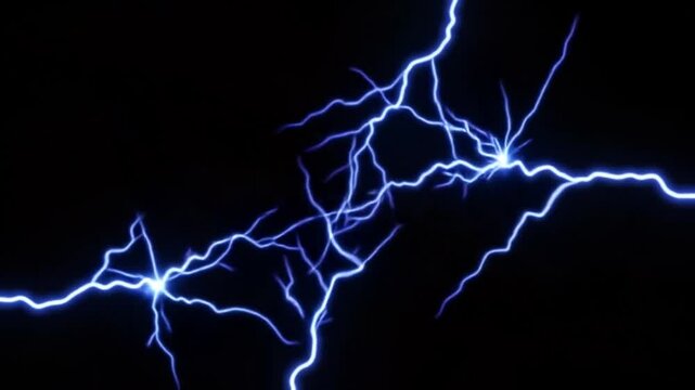 Blue lightning bolts flashing and striking across a solid black background, electric discharge visual effect animation