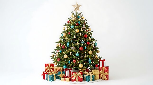 Christmas tree decorated with red and turquoise ornaments and presents