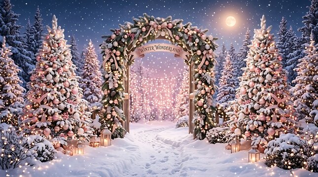 Winter landscape with a floral archway and snowy evergreen trees in the evening
