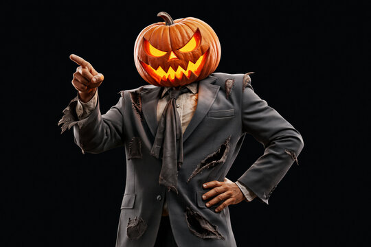 Jack-o-lantern headed zombie figure in torn business suit, arms outstretched