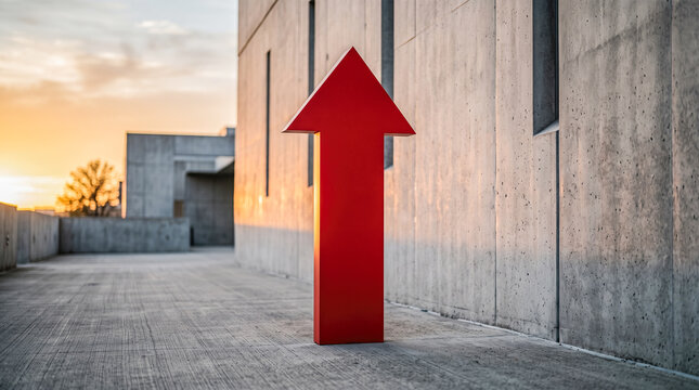 Red vertical three dimensional arrow standing upright on concrete barrier wall overlooking city during warm colorful sunset outdoors evening