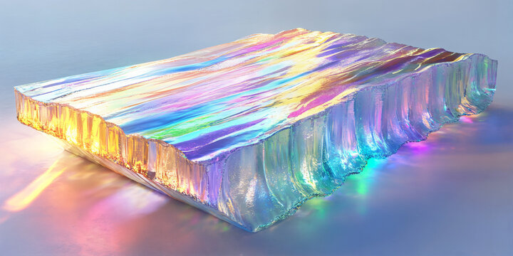 Prismatic crystal block rests on a pale surface reflecting colorful light beams.