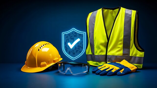 Workplace safety equipment with helmet, vest, gloves and protective glasses on dark background
