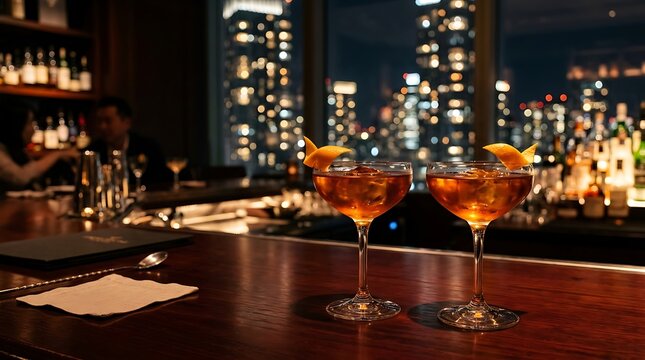 Two cocktails on a bar counter overlooking a city skyline at night