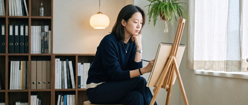 Generative AI, Asian woman painting on easel in cozy home art studio