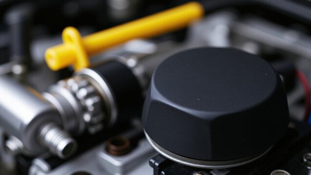 Automotive engine detail showing matte black oil filler cap, yellow dipstick, and metal components