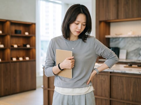 Generative AI, Pensive Asian woman holding notebook in modern boutique