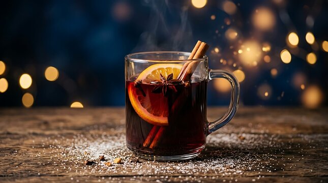 Glass mug of warm mulled wine with orange slice and cinnamon sticks