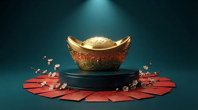 Golden sycee ingot sits atop a pedestal with floral arrangements
