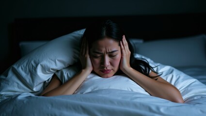 Fototapeta premium Young woman feeling distressed in bed, covering ears to loud noise. Representing insomnia, stress, and anxiety