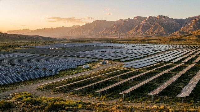 Aerial view of a large solar power plant farm located in a desert landscape during a golden sunset