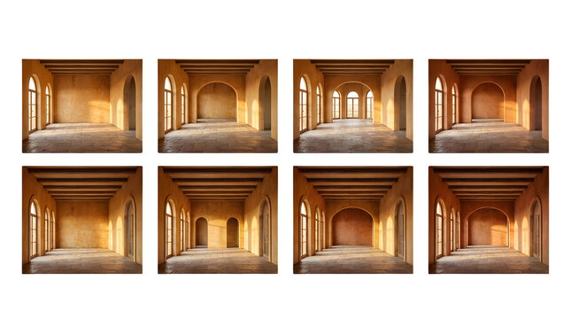 Mediterranean interior mockup set with 8 empty room photos, warm terracotta walls and arched windows, sunlit rustic villa hallway backgrounds