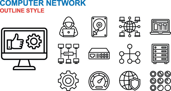 Computer network and internet data security system outline icon set featuring server hacker speed web configuration connection