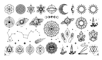 Sacred Geometry Astrology Moon Planets and Esoteric Doodle Vector Set © Md Monirul