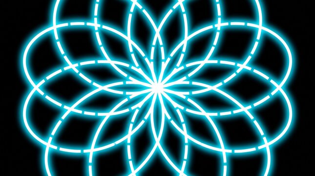 Cyan neon dashed line flower pattern on a black background