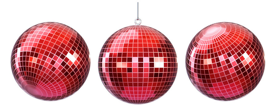 3d glossy red disco ball with mirrored panels isolated on background. Retro party decor for Christmas, New Year
