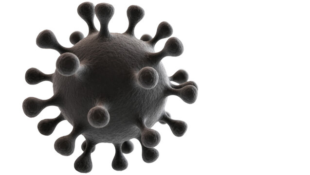 Dark grey spherical virus particle with spike proteins, isolated on transparent background
