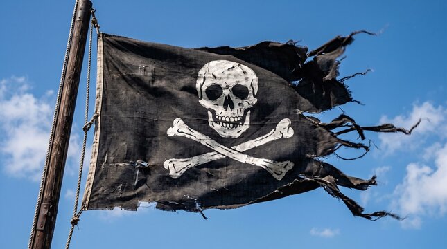 Tattered Jolly Roger Pirate Flag Waving on Wooden Mast Against Blue Sky. Vintage weathered Jolly Roger pirate flag with tattered edges and a white skull with crossbones waving in the wind on an old 