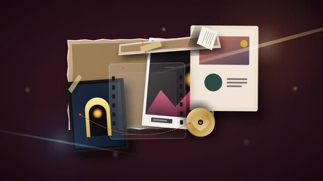 Motion graphic collage of paper cards and film strips on dark background