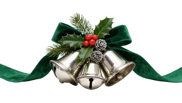 Silver Christmas bells with green velvet ribbon holly, and pine cones isolated on transparent background