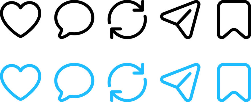 Social Media Interaction Icon Set Vector Like Comment Repost Share And Bookmark Symbols For App UI Design