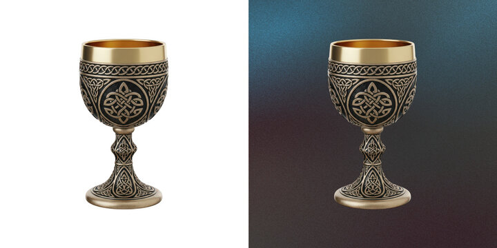 Medieval silver goblet with gold rim and celtic knot pattern carving.
