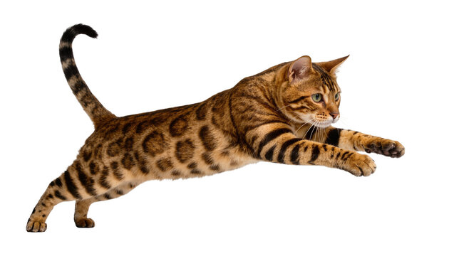 Bengal cat with spotted fur and striped legs, isolated on transparent background