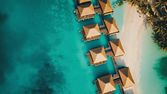 Aerial view of luxurious overwater bungalows in turquoise lagoon