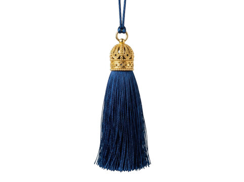 Dark blue velvet tassel pendant with gold metal cap and loop for jewelry.