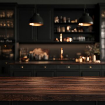 Solid dark wood surface, blurred modern black kitchen interior, soft warm ambient light, high-end display background