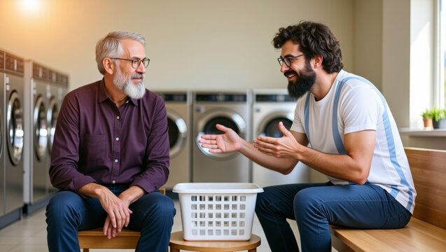 Younger man talking to an older man, having a conversation in a laundromat, sharing experiences and connecting