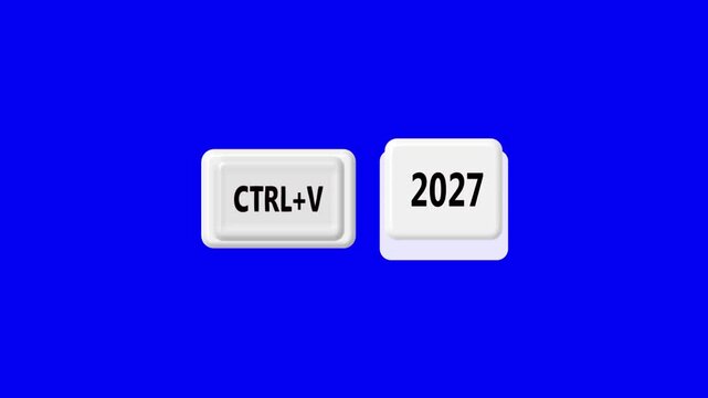 CTRL+V paste command key and 2027 year button concept on chroma key blue screen background, future planning.