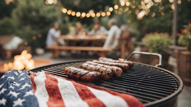 American barbecue with grilled sausages near fire pit during outdoor gathering