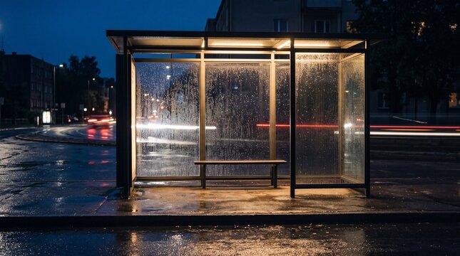 Lit glass bus shelter on a wet street at night