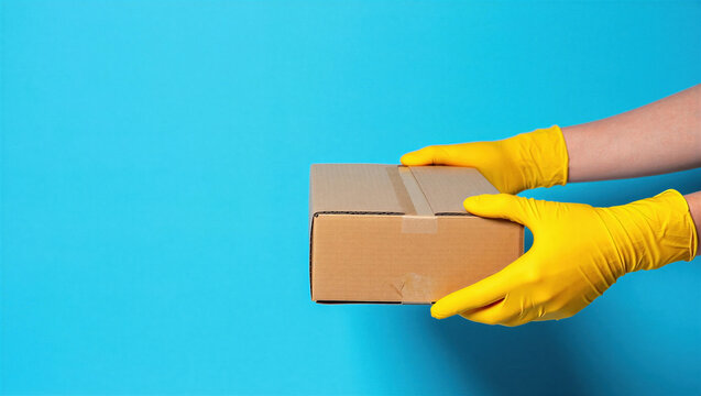 Gloved hands hold a sealed cardboard delivery box against a bright blue background, representing safe handling, shipping, and contactless delivery.