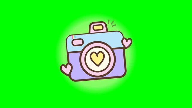 Cute cartoon illustration of a purple camera with heart symbols on a vibrant green background.