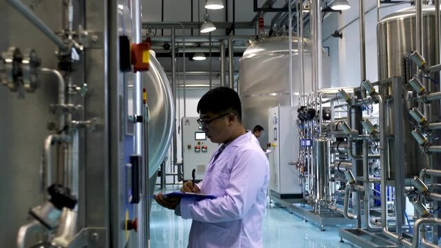 Professional pharmaceutical factory worker writing on clipboard in pharmaceutical medical factory equipment. Quality control inspector checking production line process in cleanroom industrial plant