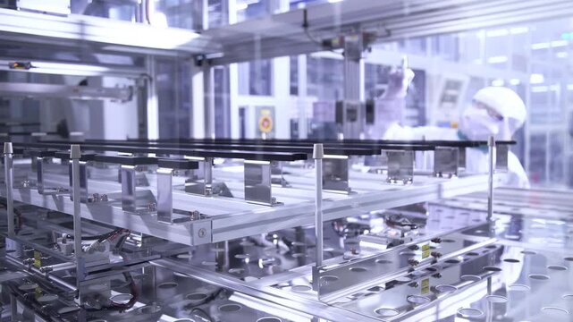 Professional pharmaceutical factory worker and quality control inspector in sterile protective clothing operating automated vaccine production line, automated packaging machinery equipment cleanroom