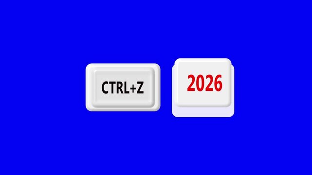 Undo button concept with 2026 year key pressing animation on blue screen for future planning and strategic correction metaphor.