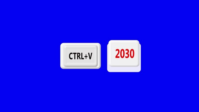 Keyboard key pressing CTRL+V and 2030 button animation on chroma key background, action.