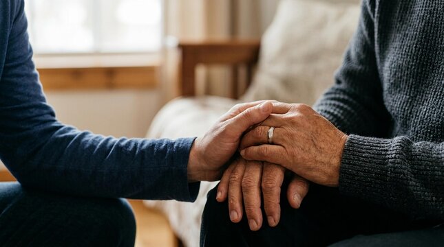 Close-up of a younger person holding the wrinkled hand of an elderly person