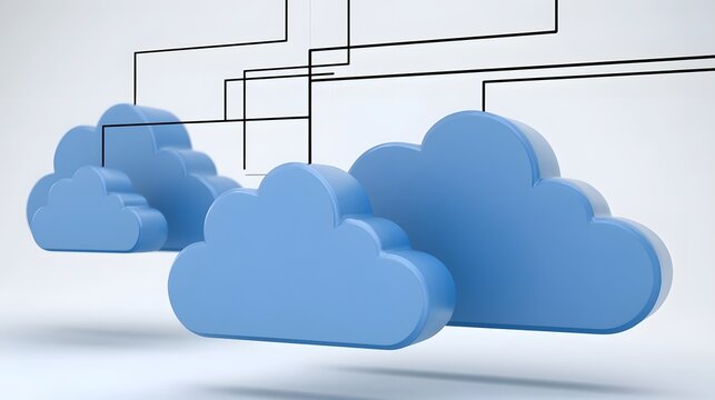 Modern cloud computing infrastructure with abstract digital network lines connecting multiple blue cloud icons in a clean minimalist design